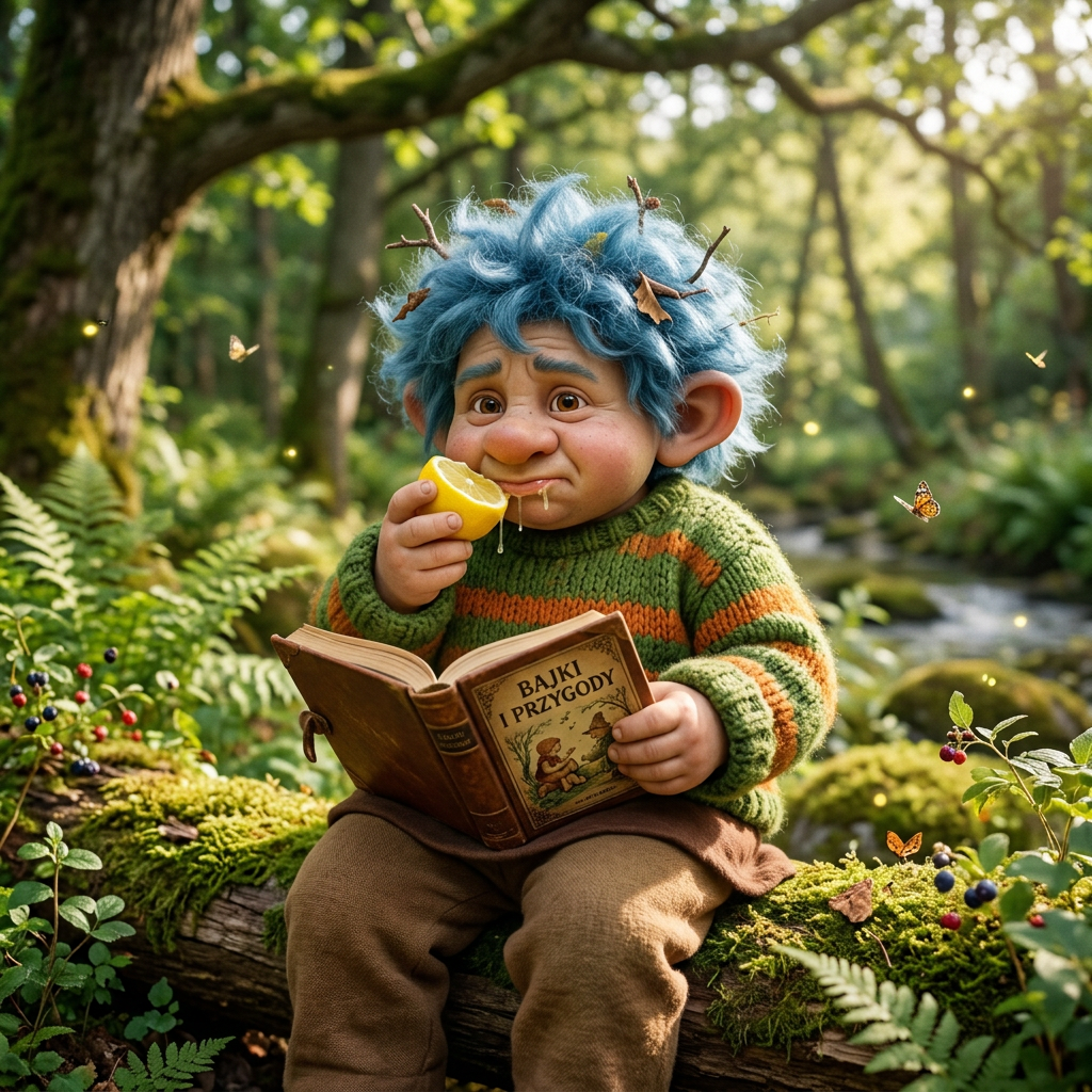 Small whimsical forest creature with blue hair and large ears sitting on a log reading a book and holding a lemon slice
